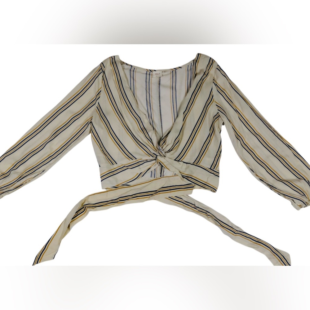 Multi Striped V-Neck Wrap Blouse Women’s Size M | Tan Blue Gold Cropped Boho